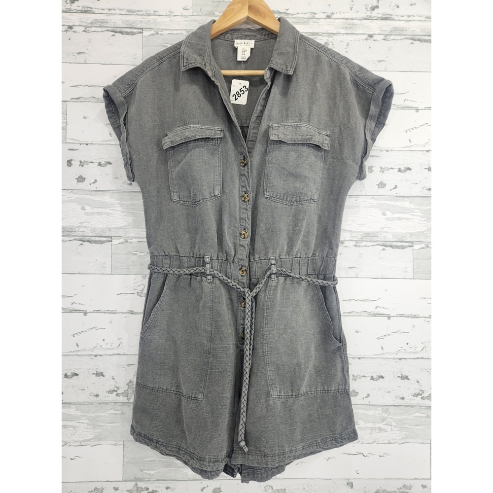 Nicole Miller New York Gray Linen Utility Romper Size M Braided Belt Pockets